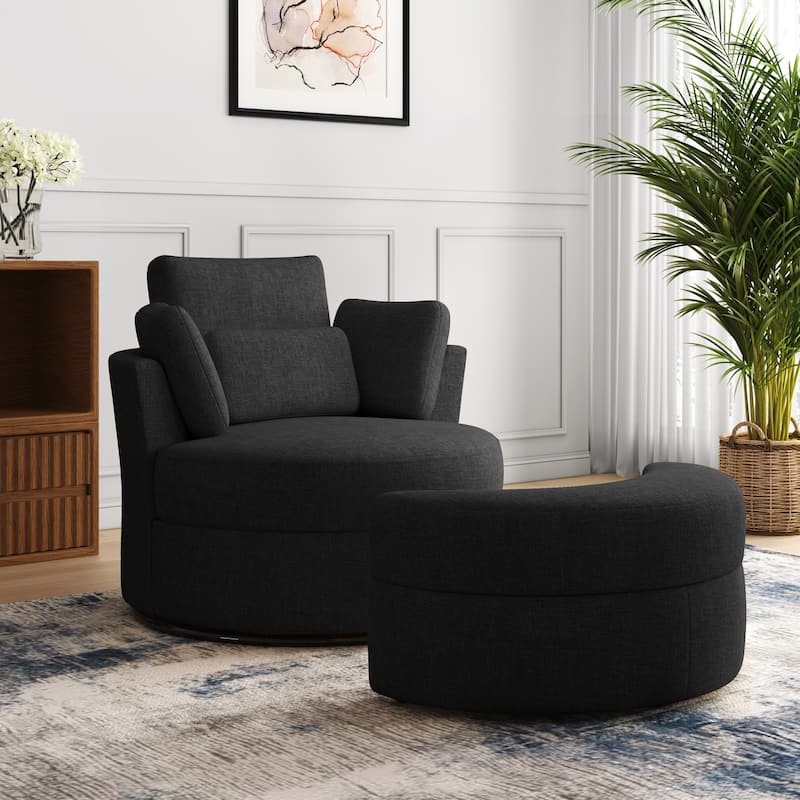 41" W Oversized Accent Barrel Swivel Chair with Moon Storage Ottoman