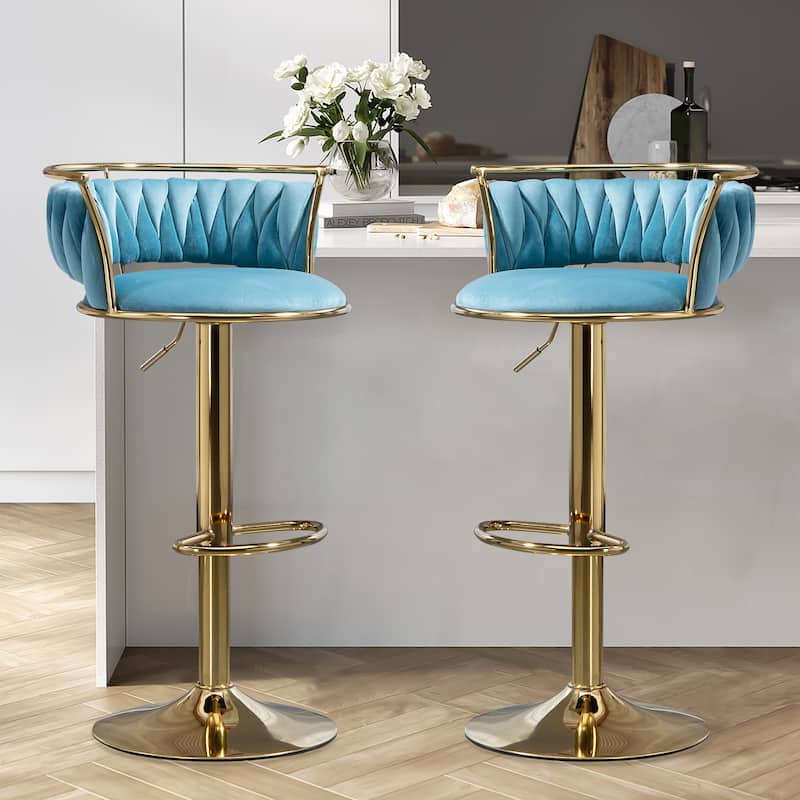 Modern Velvet Adjustable Swivel Bar Stools Set of 2 - Blue