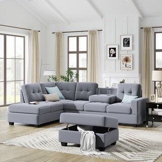 L-Shaped Sectional Sofa with Reversible Chaise Lounge,with Storage Ottoman and Cup Holders,Antique Grey/Grey