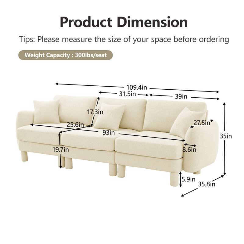109.4" 3-Seater Modern Upholstered Sofa Couch, Deep-Seat Sectional Sofa with Shell-Shaped Armrests, Leisure Sofa for Living Room