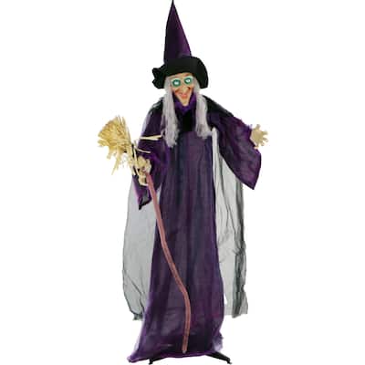 Haunted Hill Farm Life-Size Talking Witch w/ Broomstick & Rotating Body for Indoor or Outdoor Halloween Decoration, Sinthia