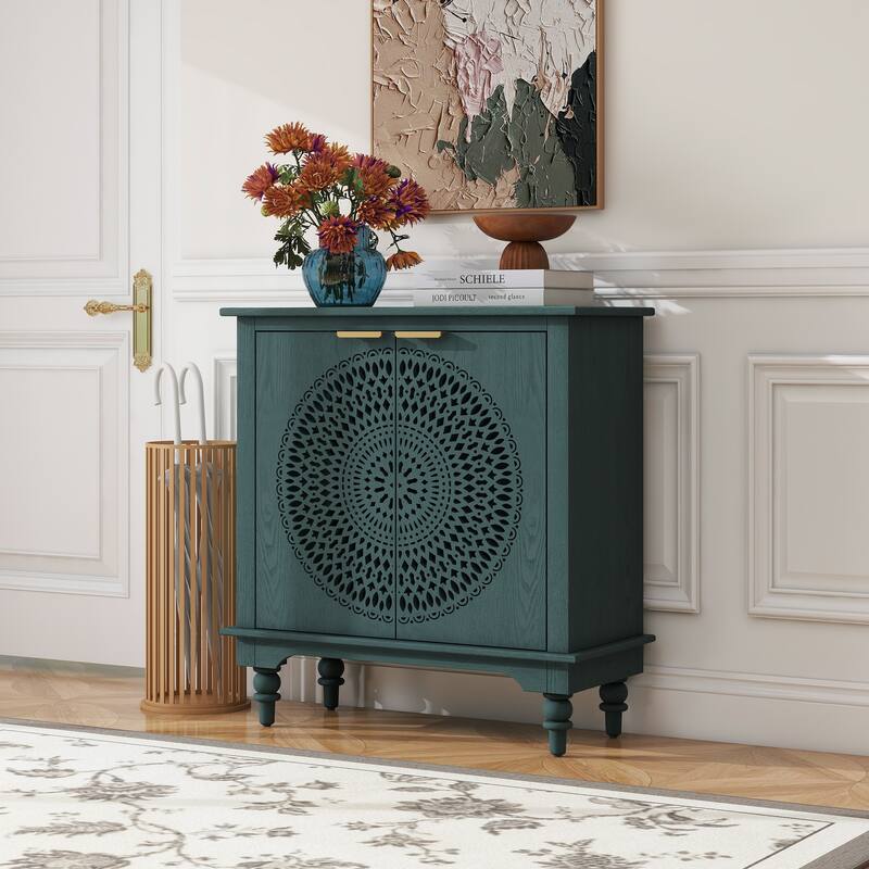 Hollow-Carved 2 Door Accent Cabinet - Blackish Green