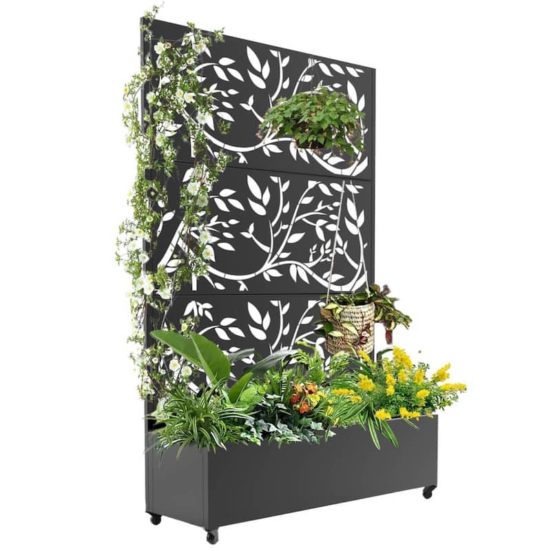 Outdoor Garden Fence, Privacy Screen Planter Box for Vining Plants & Veggies, Leaf Style With Wheels - Black