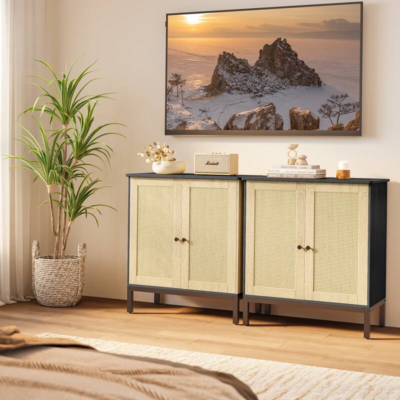 Rattan Accent Buffet Sideboard Storage Cabinet with 2 Doors