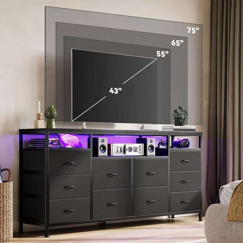 63.3 Inch Black Dresser for Bedroom, 10 Drawer Dresser TV Stand