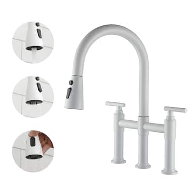 Double Handle Bridge Kitchen Faucet with 3-Function Pull-Down Spray Head