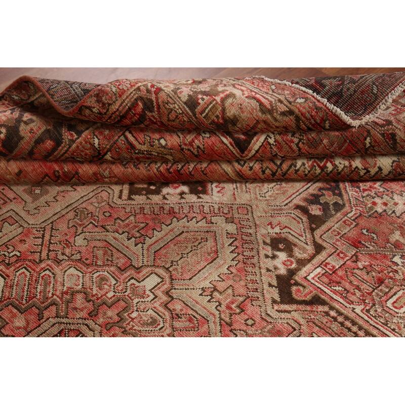 Red & Pink Geometric Heriz Persian Vintage Rug Handmade Wool Carpet - 8'5"x 11'5"