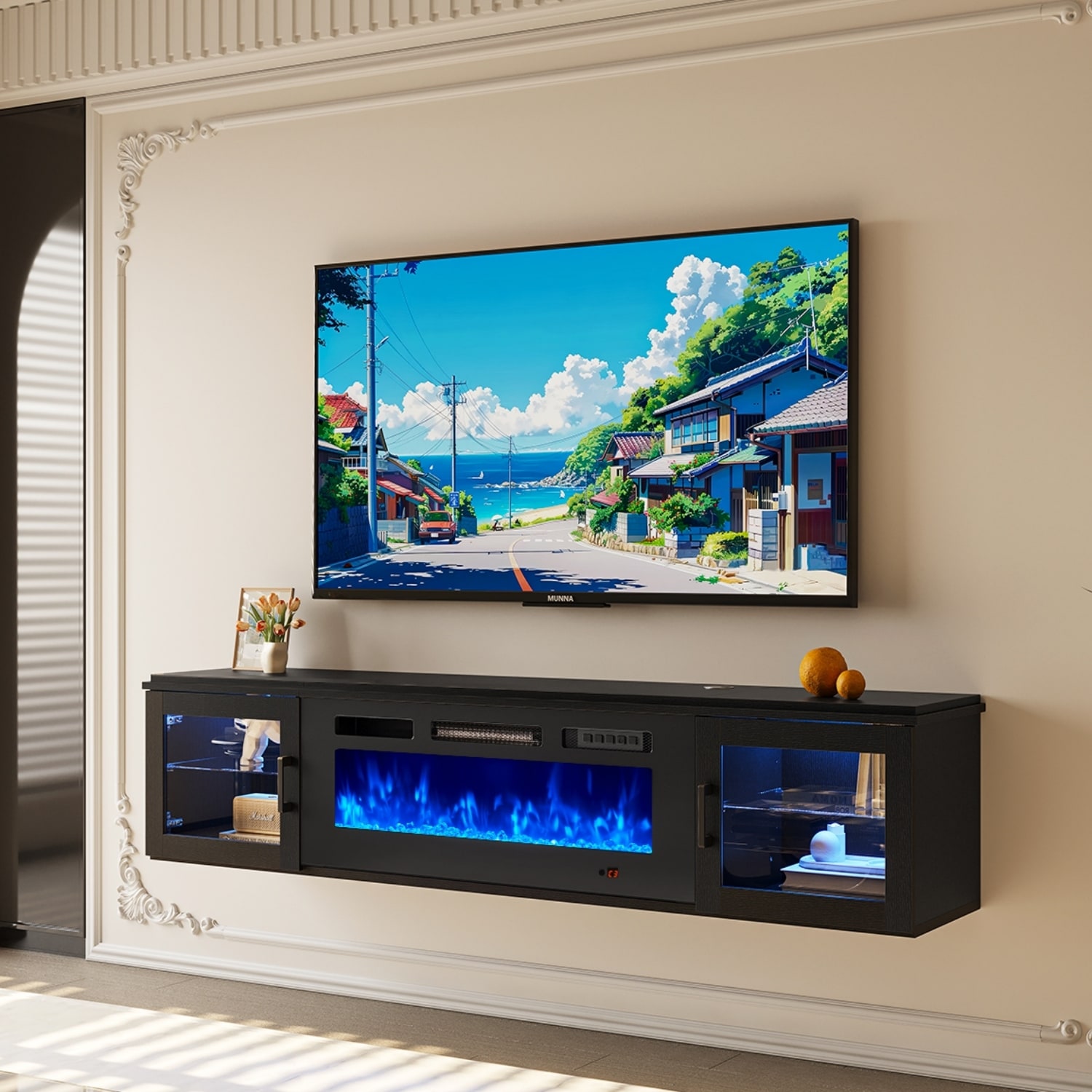 Aoxun 70" Wall-Mounted Moden TV Stand with 36" Electric Fireplace, Floating Entertainment Center with Storage