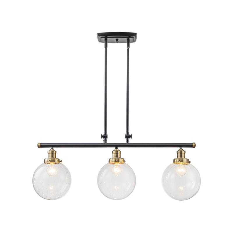34.5" W 3-Light Industrial Black and Gold Linear Adjustable Island Pendan Light with Clear Seeded Glass Globe for Dining Room