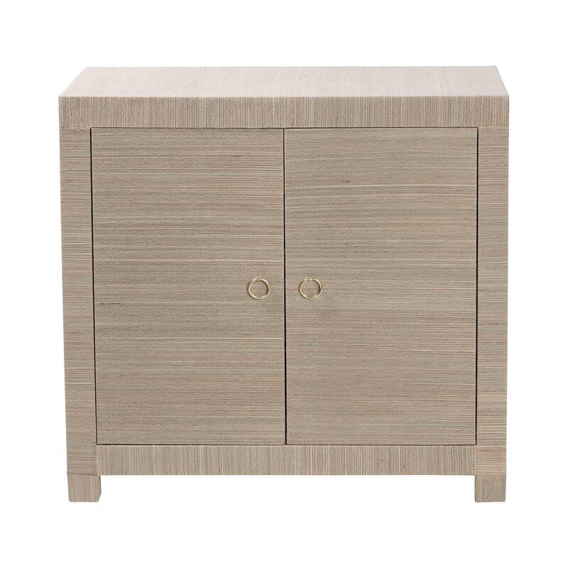 Halen Natural Grasscloth Storage Cabinet - Two-Door Console Storage Solution with Gold Ring Pulls, Modern Coastal Organizer