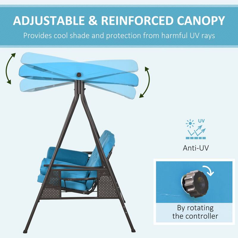 Outsunny 3-Seat Patio Swing Chair, Outdoor Porch Swing Glider with Adjustable Canopy, Removable Cushion, Pillows and Side Trays