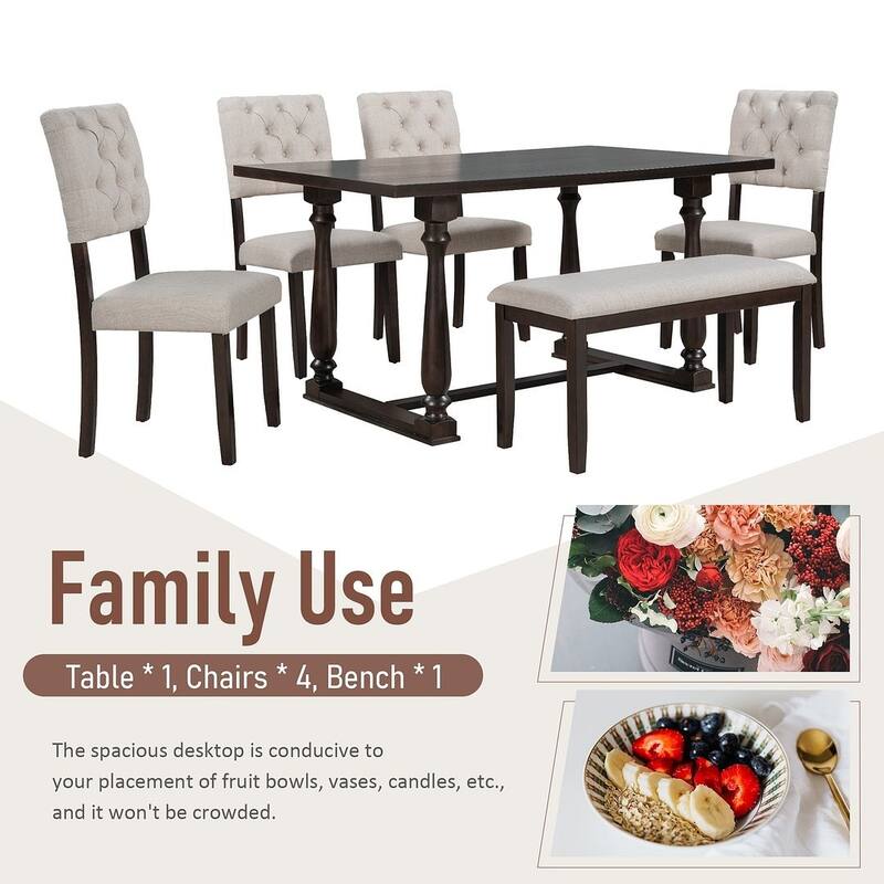 6 PCS Dining Table and Chair Set for 6-Foam-covered Seat Backs & Cushions
