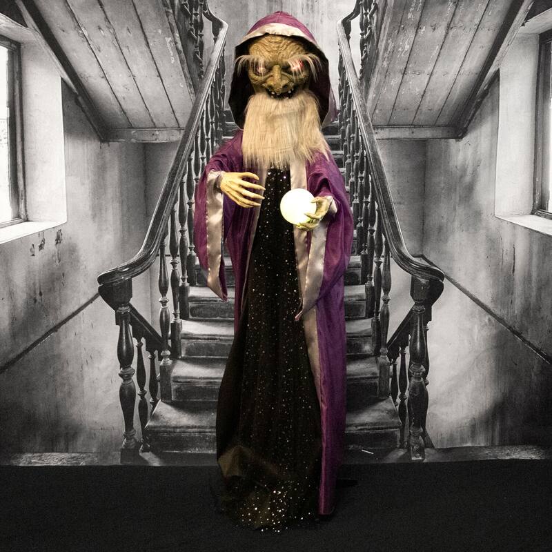 Haunted Hill Farm The Great Zoltan Animatronic Talking Wizard with Movement and Light-Up Crystal Ball for Halloween Decoration