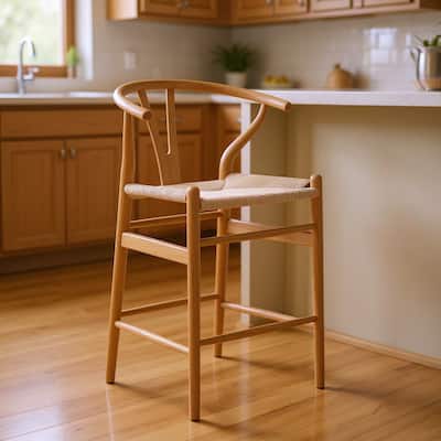 HomeRoots 27" Beige and Natural Solid Wood Counter Height Bar Chair