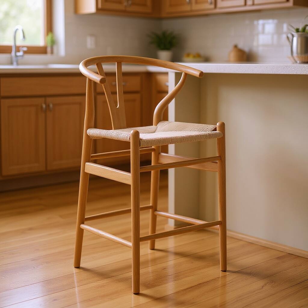 HomeRoots 27" Beige and Natural Solid Wood Counter Height Bar Chair