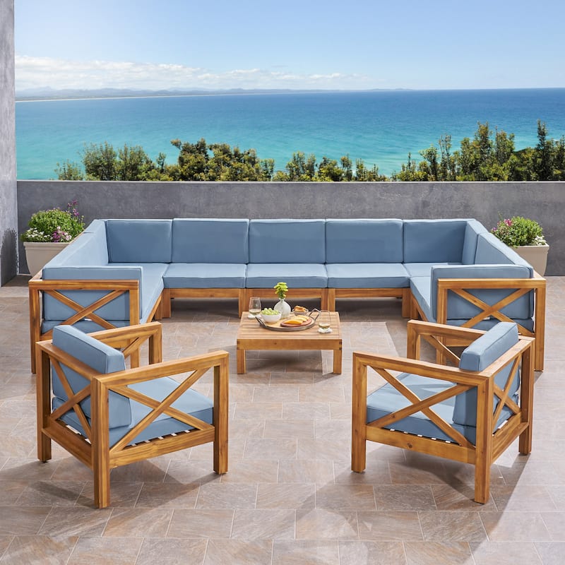 Brava Outdoor 11 Seater Acacia Wood Sectional Sofa and Club Chair Set by Christopher Knight Home
