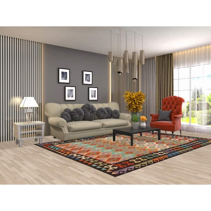 Hand Woven Oriental 100% Wool Carpet Southwestern All-Over Multi-Colored Kilim Area Rug - 9' 8'' X 6' 10''