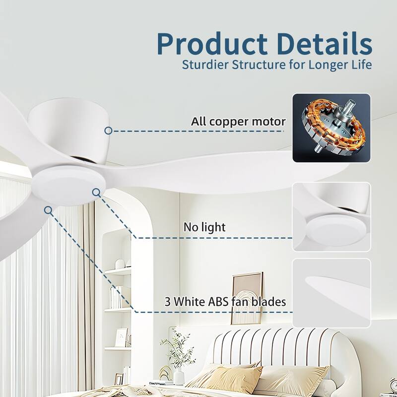 52" Flush Mount Ceiling Fan without light,3 Reversible Blades,with 6 Speeds Reversible DC Motor,Low Profile Ceiling Fan