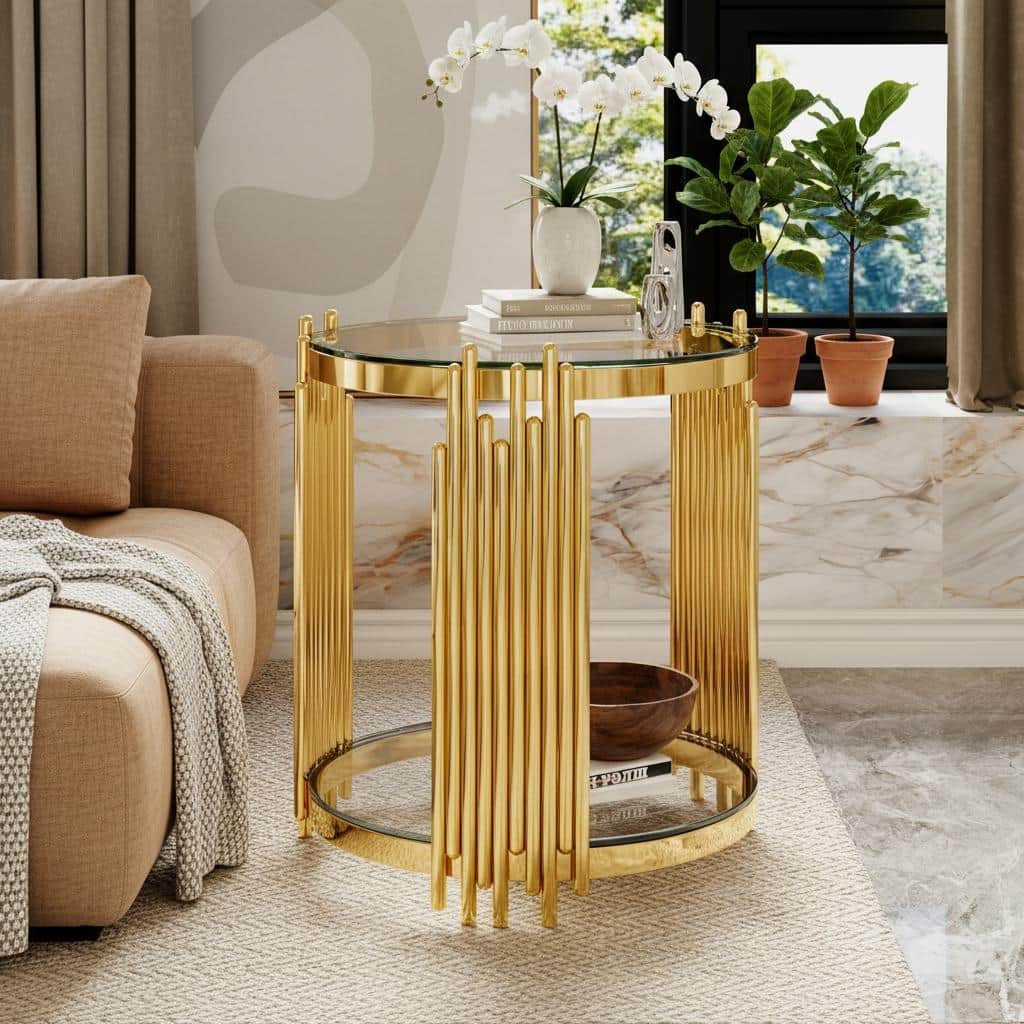 Round Gold & Glass End Table with 2-Tier Shelf and Sculptural Metal Base by Harper&Bright Designs