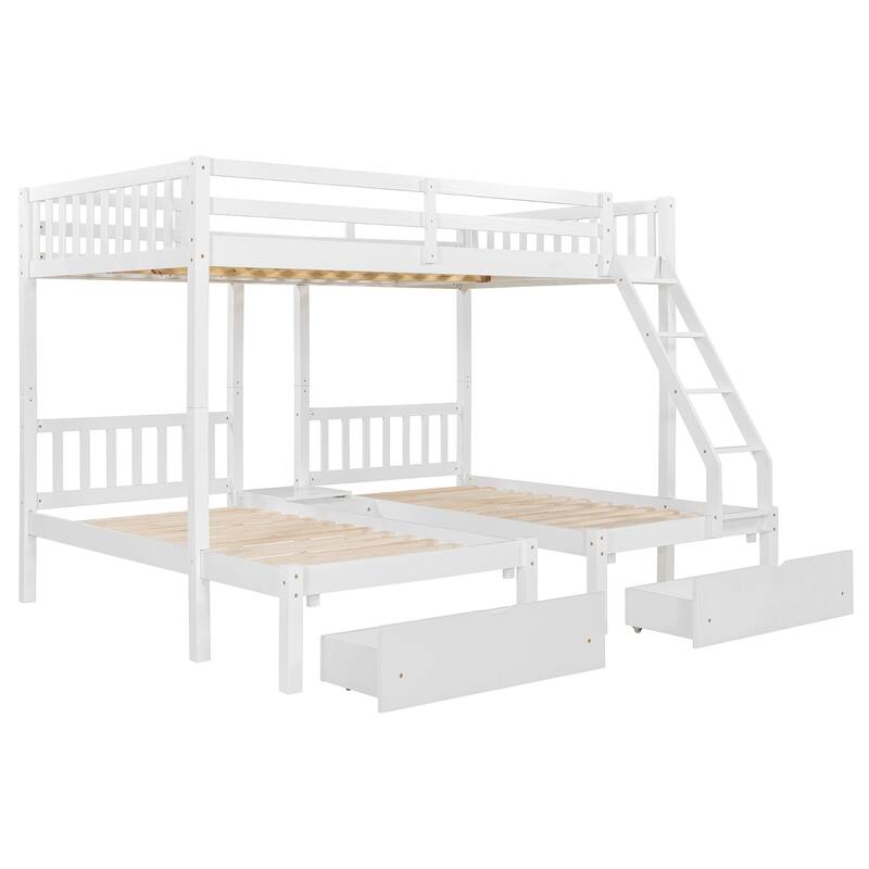 Full Over Twin & Twin Bunk Bed, Wood Triple Bunk Bed with Drawers and Guardrails
