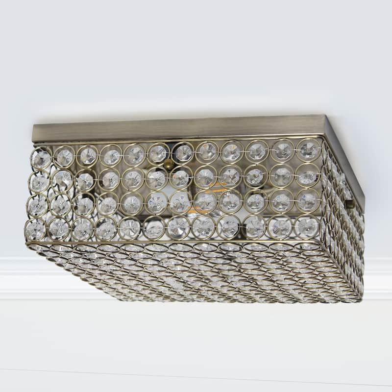 Square Flush Mount Ceiling Light - 12" 2-Light Antique Brass Fixture for Bedroom, Living Room, Hallway - 12