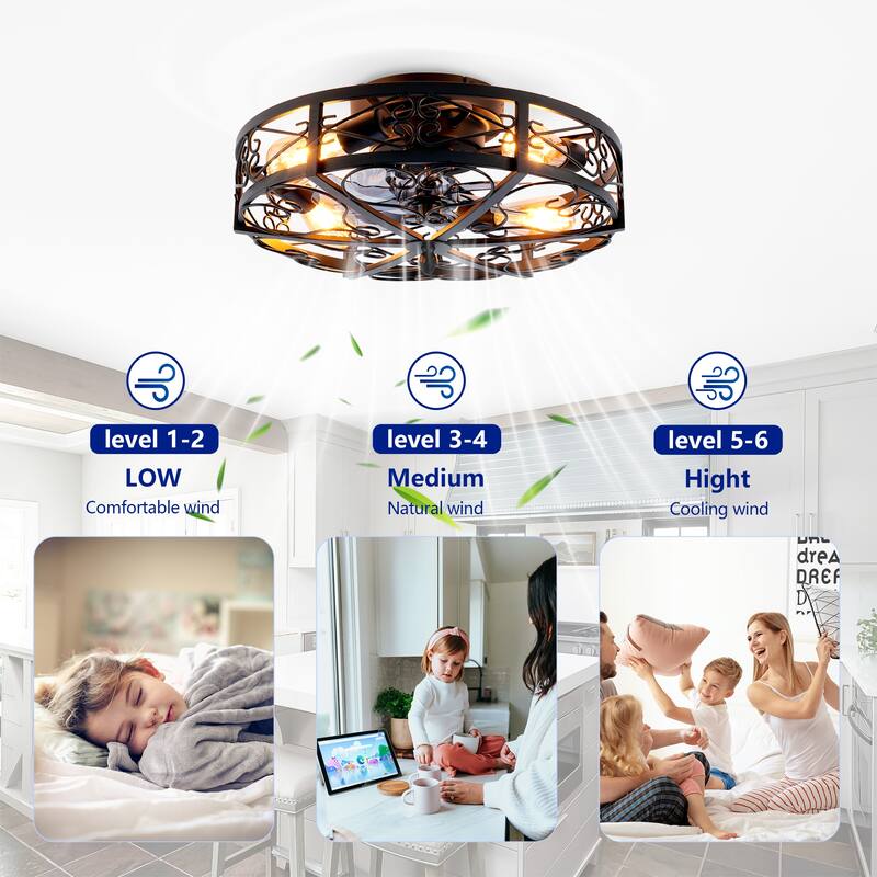 20 inch Flush Mount Ceiling Fan Light with Remote Caged Farmhouse Fandelier Black Wood Low Profile