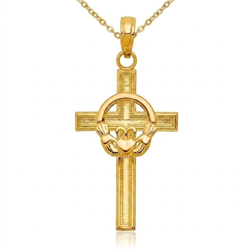 Curata 14k Yellow Gold Solid 18" 24x15mm Irish Claddagh Celtic Cross Necklace