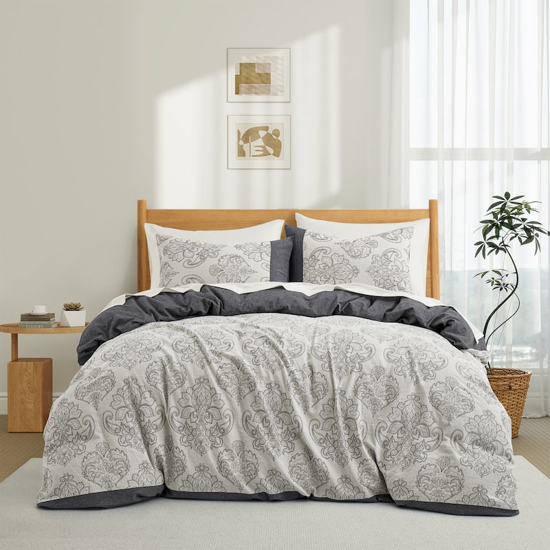 100% Cotton Gauze Double-Layer Floral Jacquard Duvet Cover Set - Damask Pattern Dark Grey - King