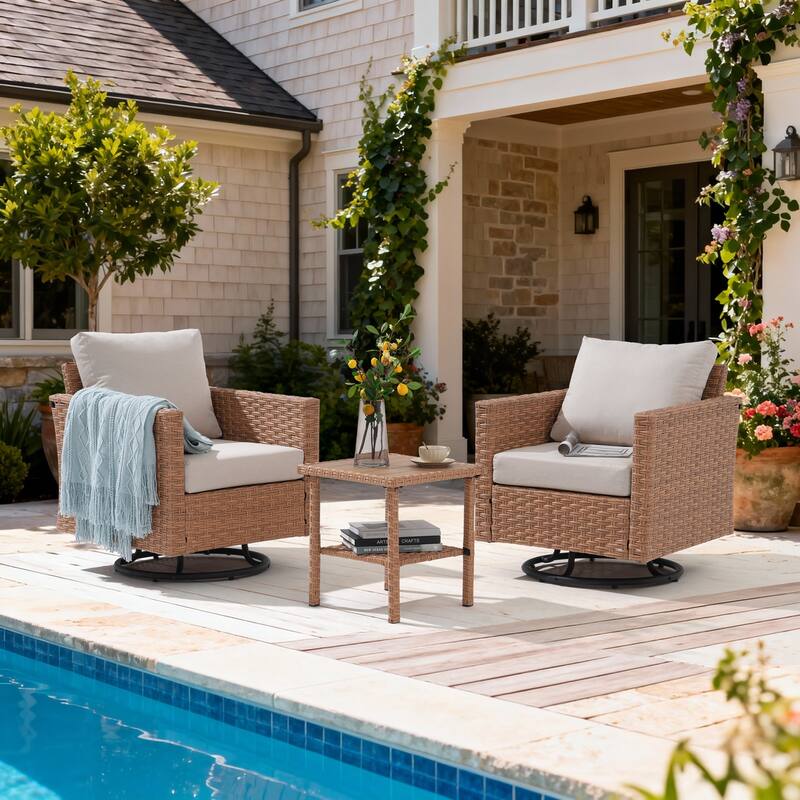 3-piece Cushioned Outdoor Wicker Swivel Chairs Set with Side Table Patio Armchair Sofa Set