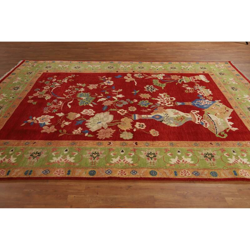 Red Pictorial Floral Heriz Serapi Indian Rug Hand-Knotted Wool Carpet - 7'11" x 10'0"