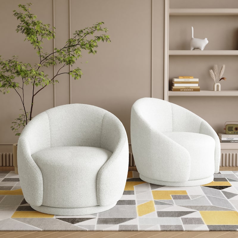 Velvet Boucle Upholstered Accent Chairs Swivel Barrel Chair (Set of 2) - Boucle - White