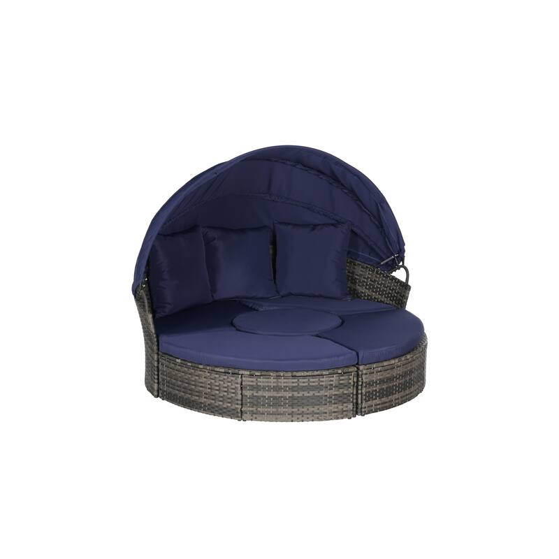 5 Pieces Outdoor Patio Rattan Round Daybed Sunbed with Retractable Canopy and Removable Cushions