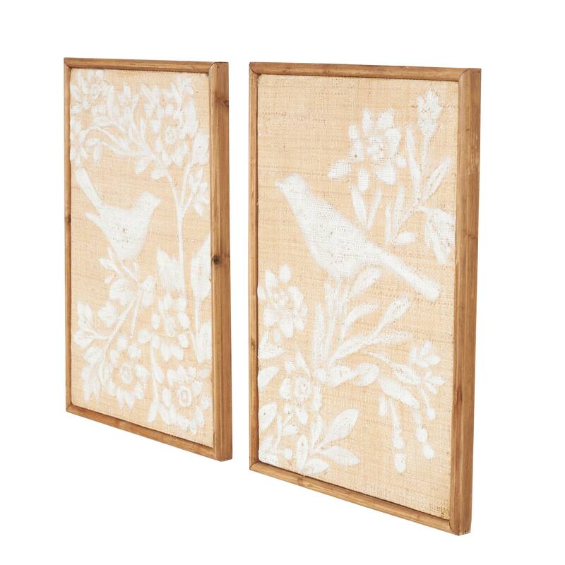 Brown Wood Bird Home Wall Decor with White Painted Floral Patterns (Set of 2)