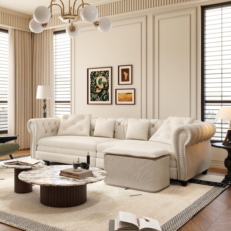 Oversized Chesterfield Loveseat Sofa, Convertible Pull Out Sleeper Sofabed Velvet Couch Bed w/Movable Ottoman and Nailhead Trim