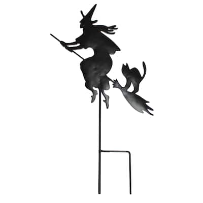 19" Black Silhouette Witch on Broom w/ Cat Metal Stake