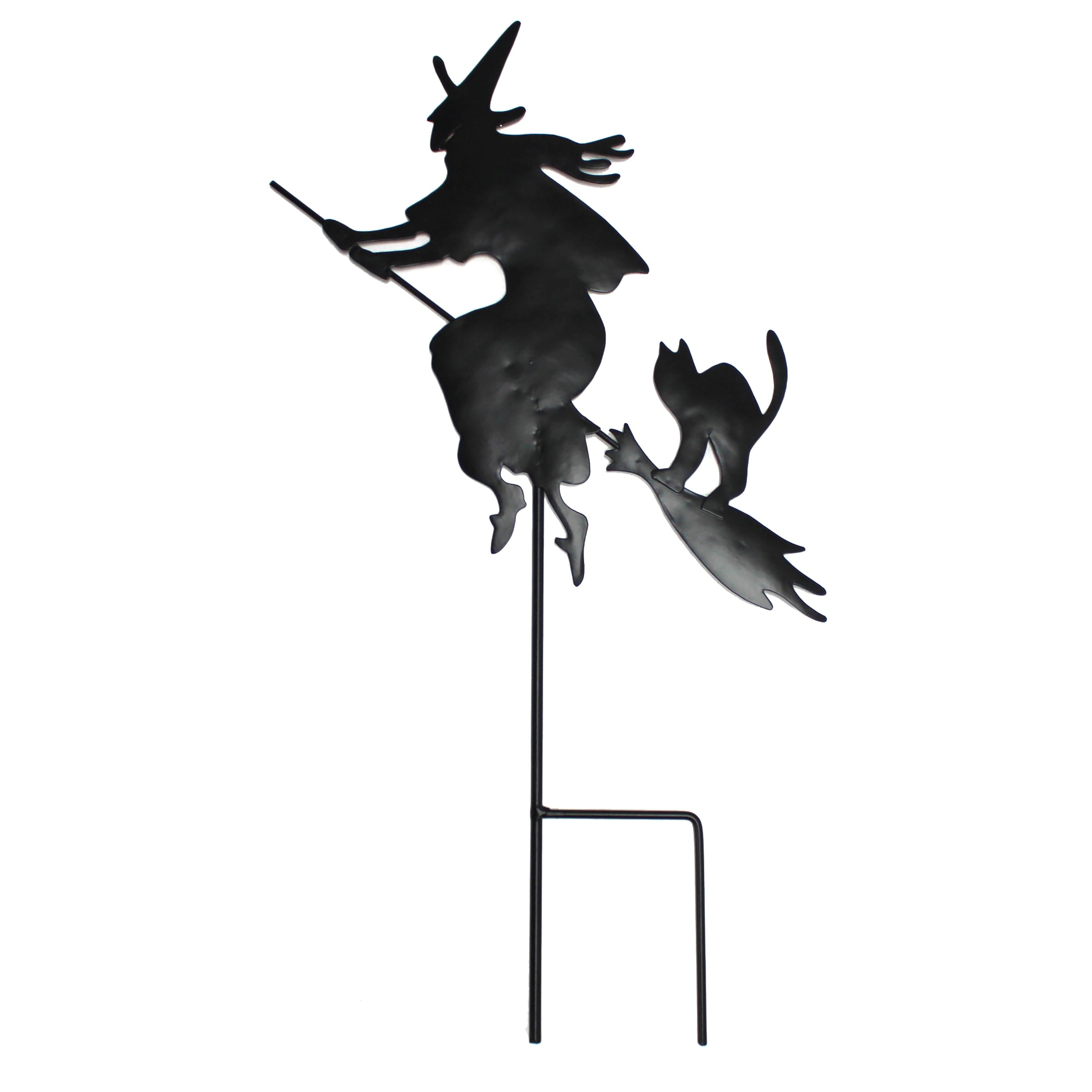 19" Black Silhouette Witch on Broom w/ Cat Metal Stake