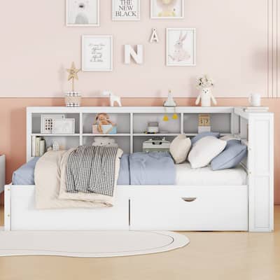USB Ports on L-Shape Storage Headboard Bed Frame, Wooden DayBed Sofa Bed, Wooden Slat Platform Bed with 2 Drawers