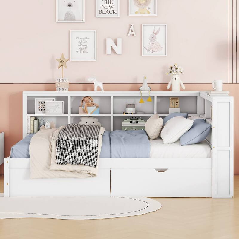 USB Ports on L-Shape Storage Headboard Bed Frame, Wooden DayBed Sofa Bed, Wooden Slat Platform Bed with 2 Drawers - White - Full