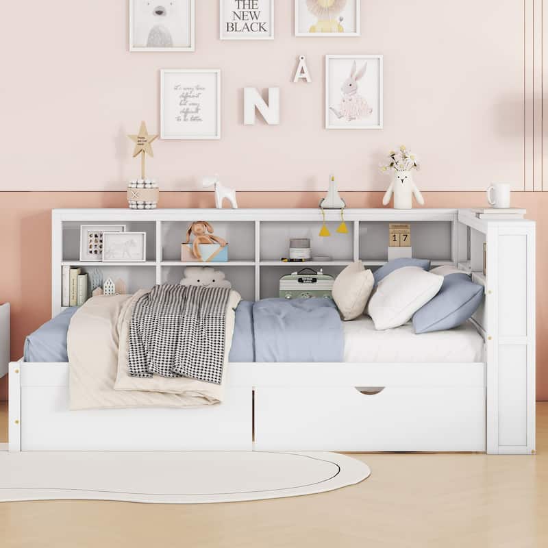 Wooden Full Size DayBed with 2 Drawers, DayBed with Storage Shelf and USB Charging Ports - White - Full