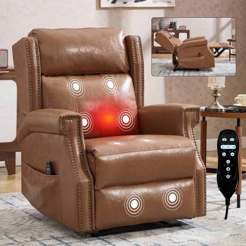 Faux Leather Recliner with 155 Degree Recline and 8 Vibration Nodes - Camel