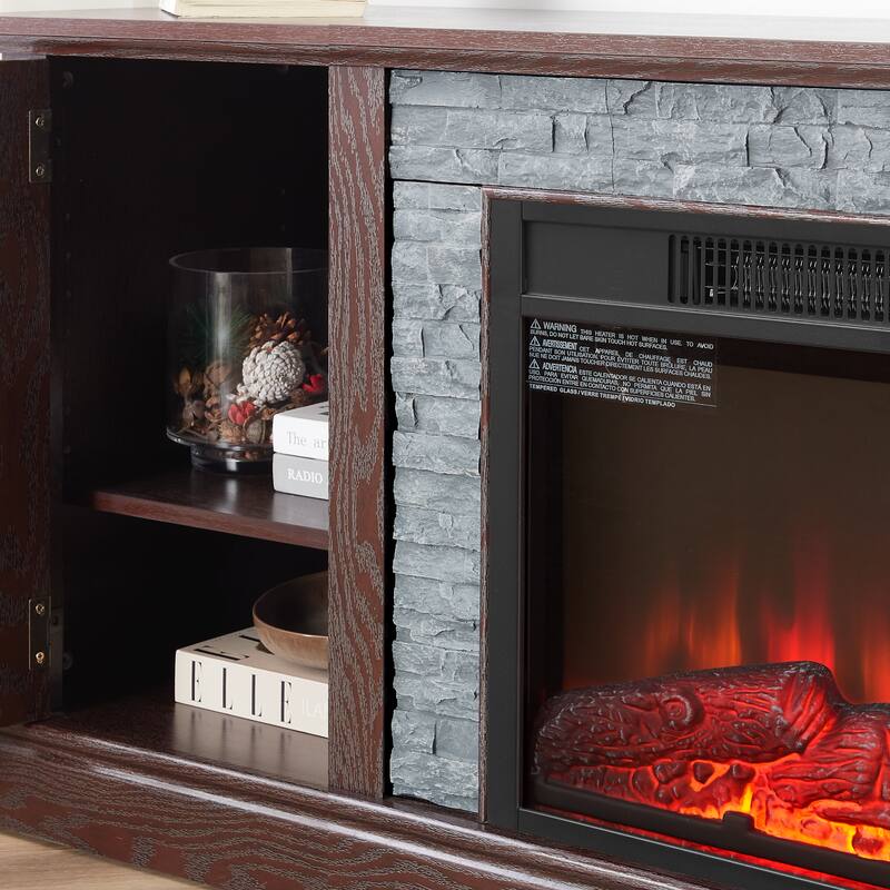 GDFStudio Eulalia Wood 2-Door Storage TV Stand with Faux Stone Mantle