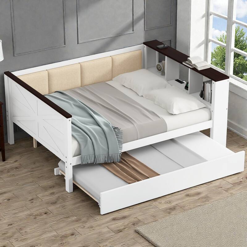 Wood Daybed with Storage Shelves, Upholstered Backrest, USB Charging Station and Trundle