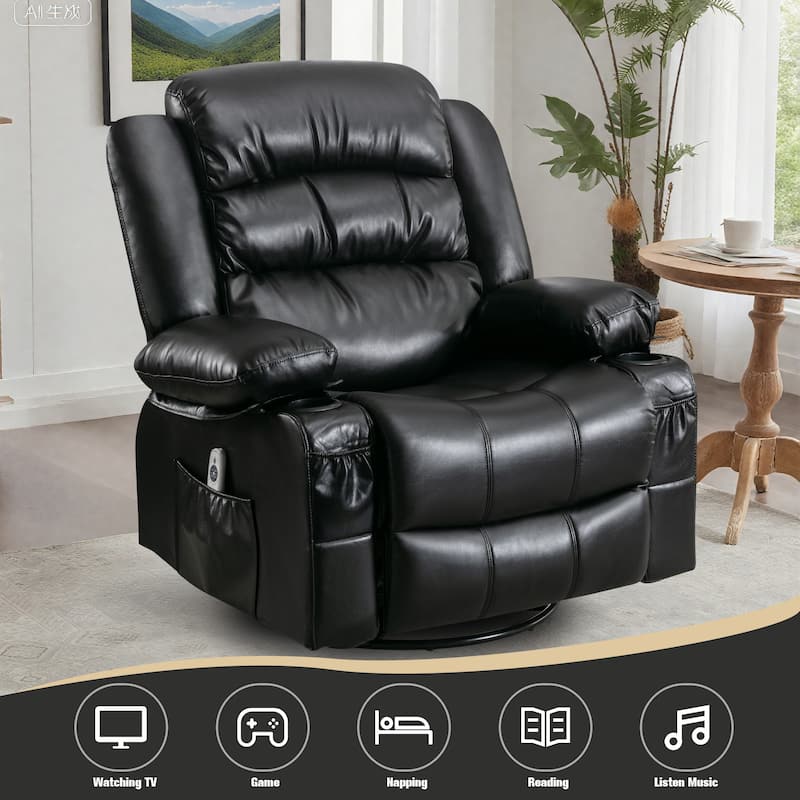 Recliner Chair with Massage & Heat, PU Leather Swivel Recliner, Electric Recliner with Side Pocket 2 Cup Holders & USB Port