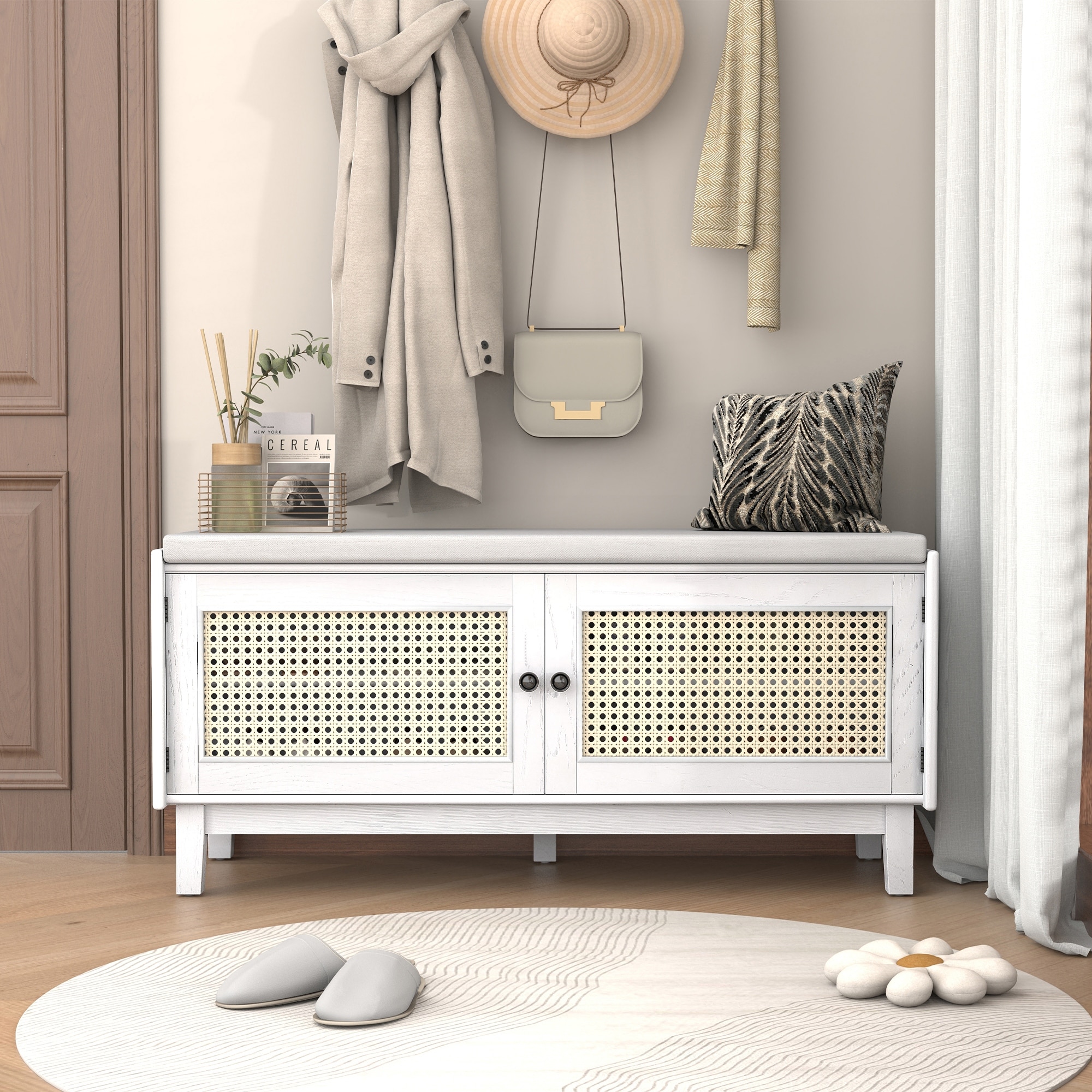 Rattan Entryway Bench with Storage, Cushioned Shoe Bench with Double Doors, Wooden Shoe Organizer Bench for Entryway