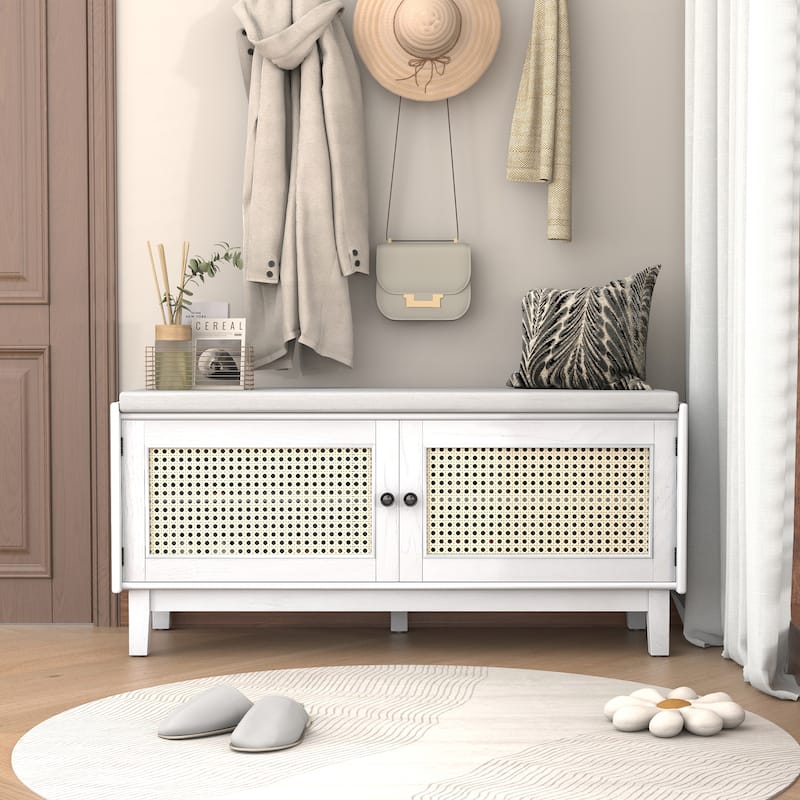 Rattan Entryway Bench with Storage, Cushioned Shoe Bench with Double Doors, Wooden Shoe Organizer Bench for Entryway - Beige,White