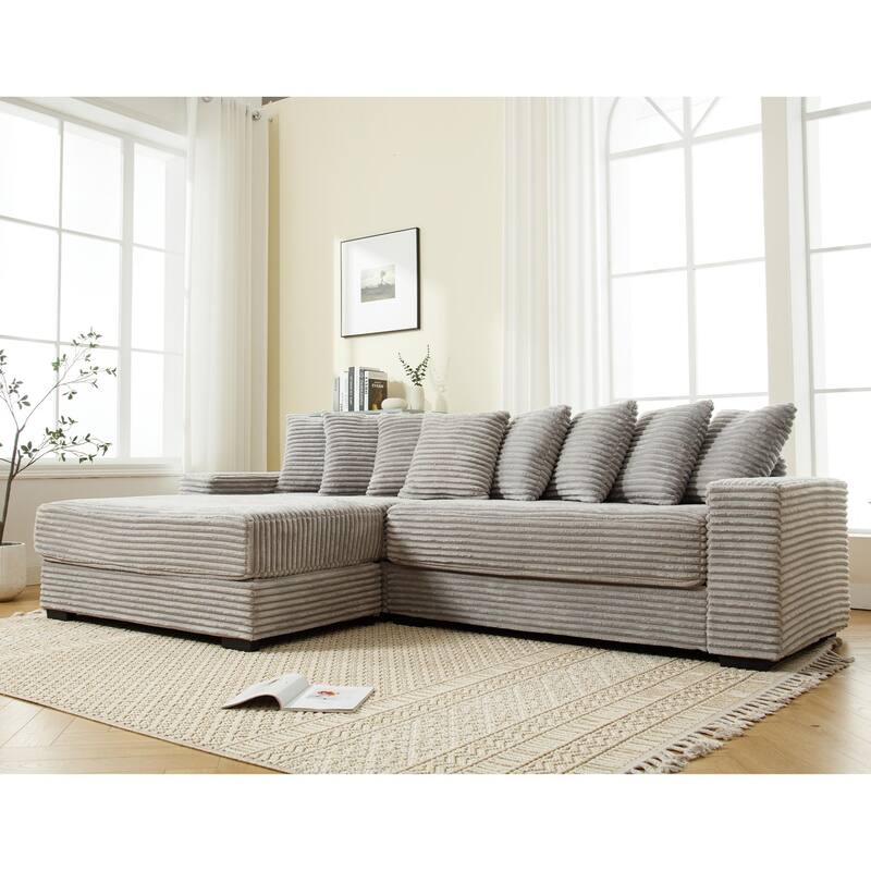 L Shaped Sectional Sleeper Sofa Corduroy Corner Sofa with Chaise Lounge and 8 Throw Pillows, Oversized Modular Daybed