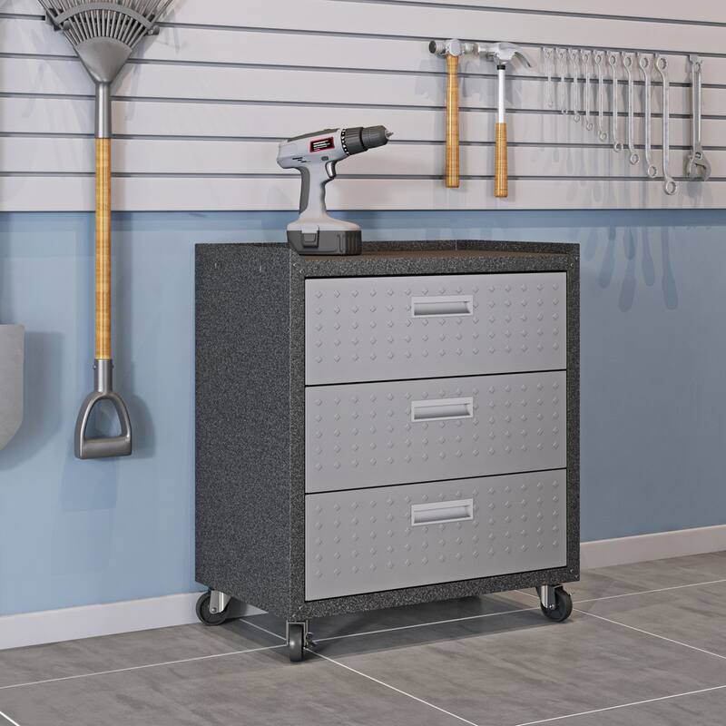 Fortress Textured Metal 31.5" Garage Mobile Chest with 3 Full Extension Drawers in Grey