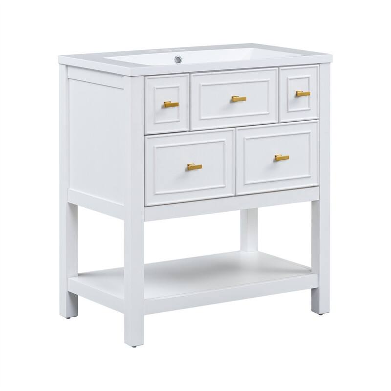30'' Bathroom Vanity with/without Resin Sink, Freestanding Bathroom Vanity Cabinet with 5 Drawers & Open Shelf, Solid Wood Frame