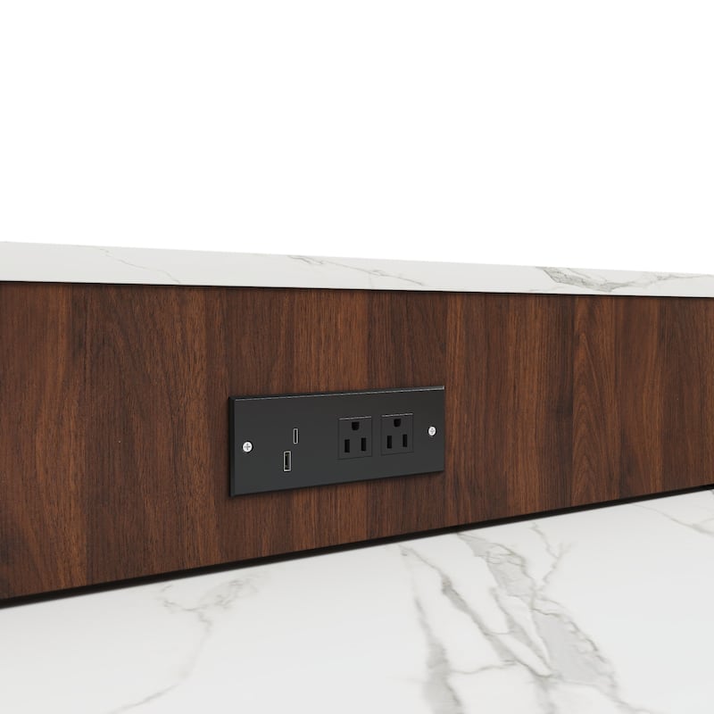 80" Expandable Kitchen Island with Dining Table with Marble-Grain Countertop with Power Outlet