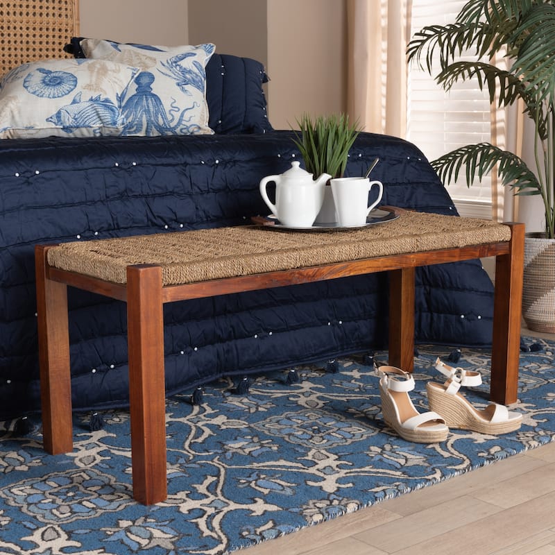 Hermes Mid-Century Modern Transitional Natural Seagrass and Mahogany Wood Bench